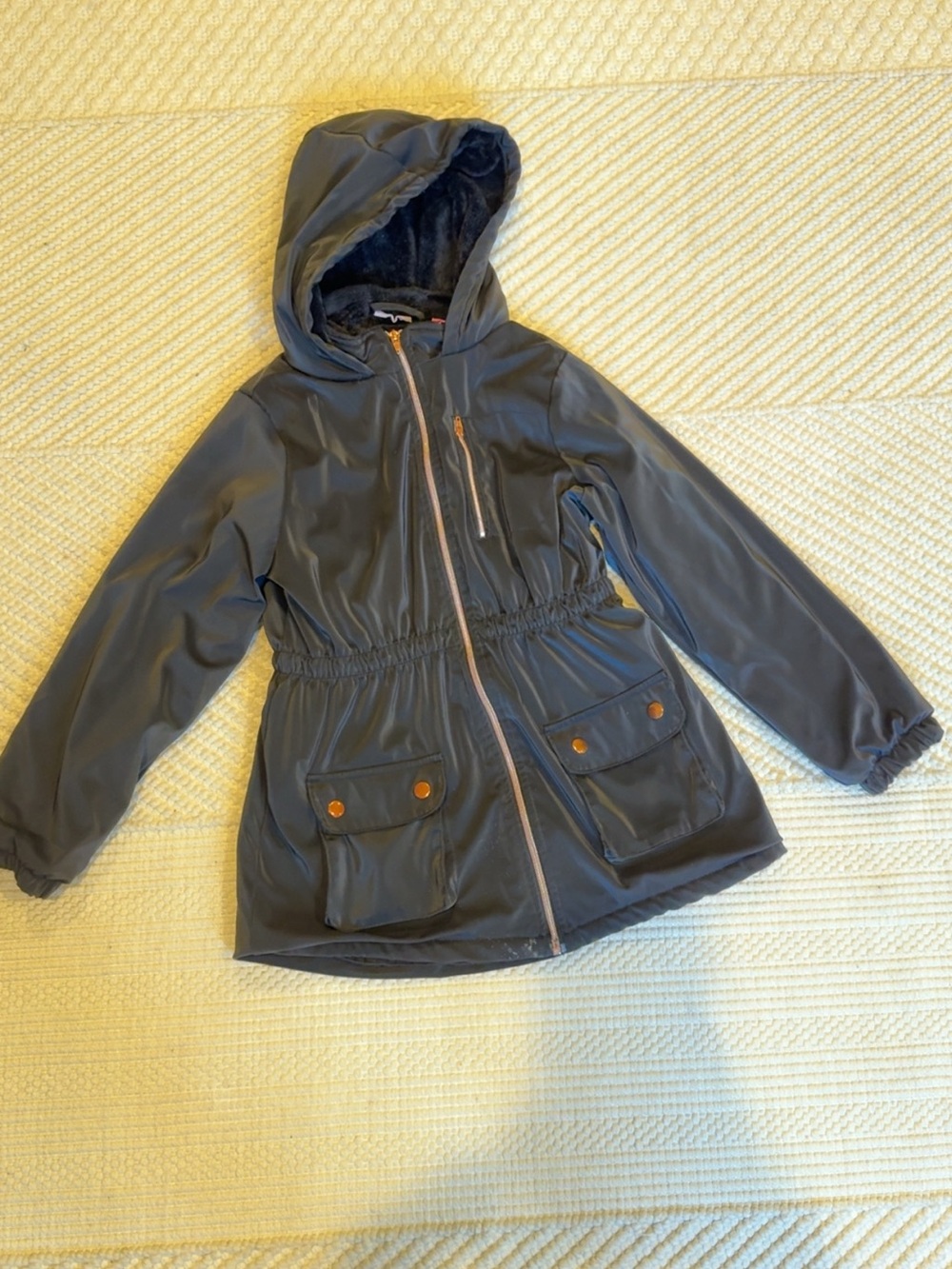 Girls' Navy Hooded Rain Jacket with Faux-Fur Lining